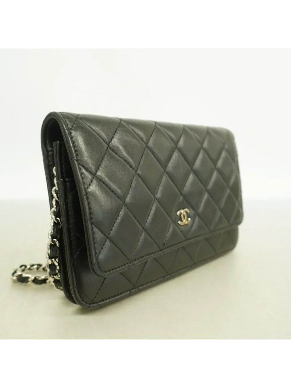 Chanel Shoulder Wallet Quilted Lambskin Black Silver